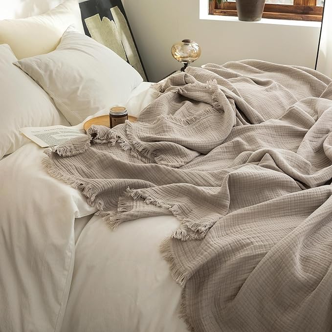 FOSSA Muslin Blanket with Fringe - 4-Layer 100% Cotton Gauze Super Soft & Breathable Throw -Lightweight Decorative Cooling Blanket for Bed, Sofa, Office -Oversize Queen Size 98" × 98" (Beige Gray)