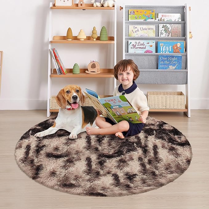 4 ft Round Fluffy Brown Rug for Bedroom,Tie Dyed Furry Round Carpet Non Slip Fuzzy Shaggy Plush Circle Area Rug Rug for Living Room Teen Room Nursery Room Playroom Kids Room Home Decor Washable