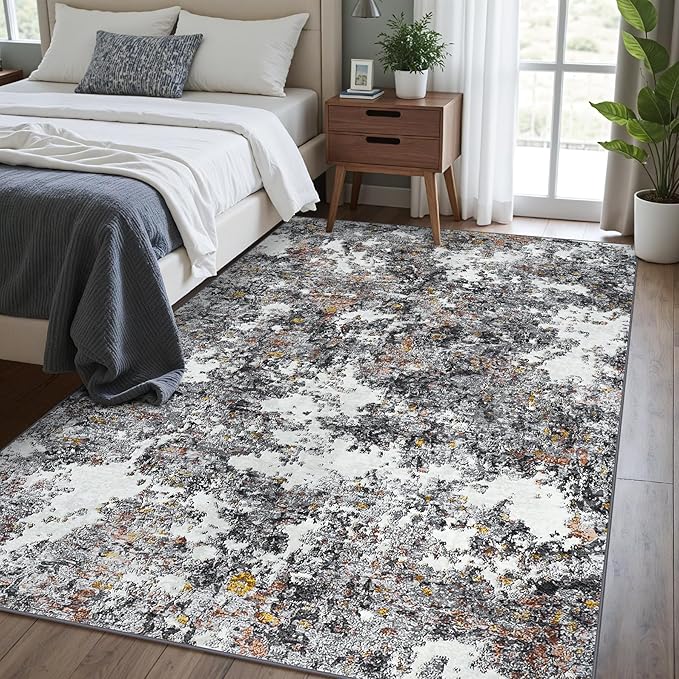Area Rug Living Room Rugs: 5x7 Washable Rug with Anti-Slip Backing Non-Shedding Stain-Resistant Foldable Modern Abstract Carpet for Bedroom Dining Room Nursery Home Office (Gray/Multi)