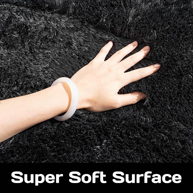 Fluffy Rug 5ft Round Black Super Soft Furry Rug for Kids Room, Shaggy Rug for Nursery Plush Rug for Living Room