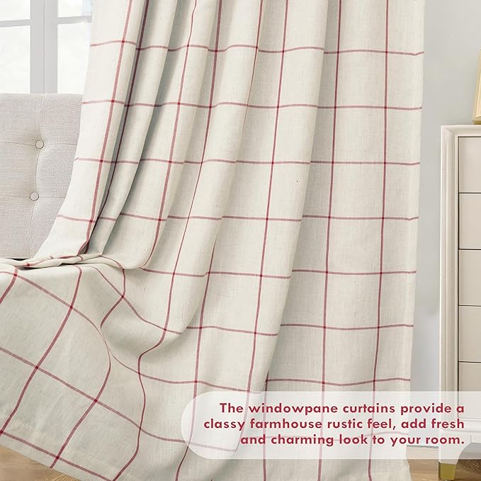 DriftAway 2 Panels 100% Blackout Windowpane Plaid Linen Curtains Double Layer Drapes for Bedroom 102 Inches Long Farmhouse Thermal Insulated 3.25 Inch Rod Pocket Back Tab for Living Room Red