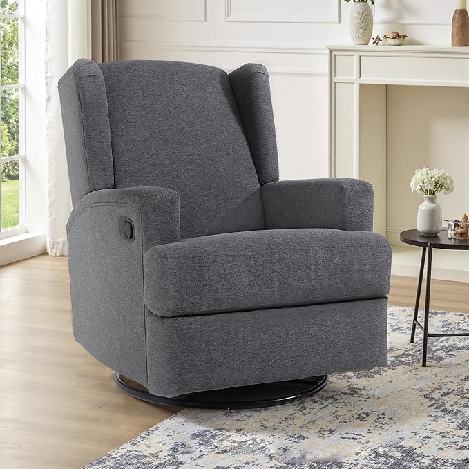 UIXE Swivel Glider Recliner Chair for Adults, Fabric High Back Accent Chair Nursery Rocker for Living Room, Upholstered Manual Reclining Sofa Seating with Deep Seat - Charcoal Gray