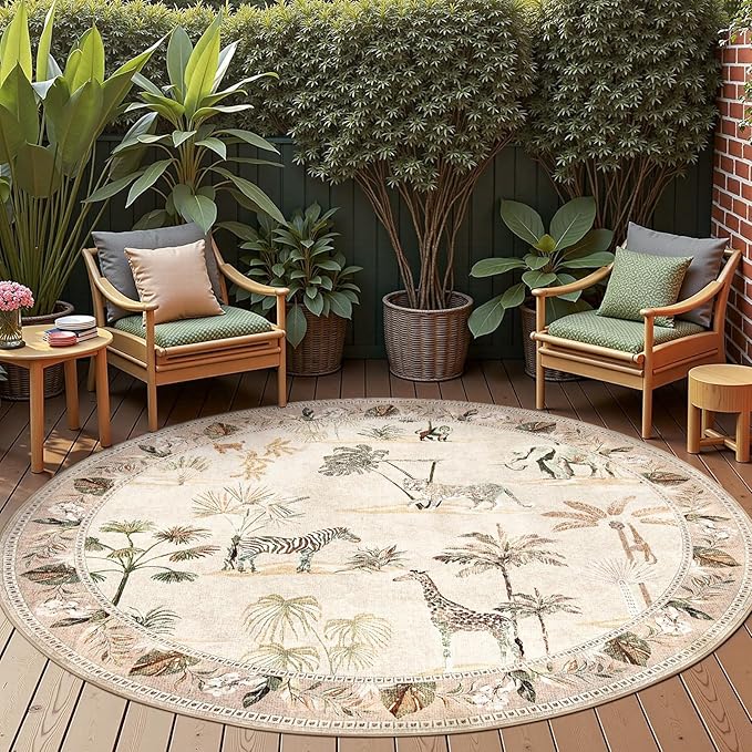 jinchan Round Rug 6ft Beige Jungle Animals Print, Machine Washable 6' Circle Modern Soft Non-Slip Forest Plant Throw Area Rug, Low Pile Carpet for Living Room Bedroom Dining Room Kids Room Playroom