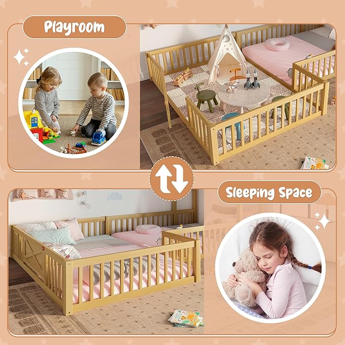 Harper & Bright Designs Full Size House Shaped Double Floor Bed with Door and Full-Length Guardrails, Solid Wood Kids Montessori Floor Bed for Girls Boys, Multi-Function, Natural