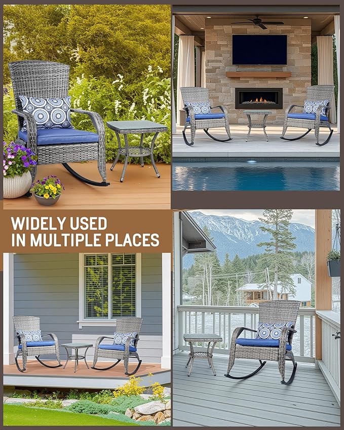 Modern Outdoor Patio Set - 3 Piece Wicker Rocking Chairs with Cushions & Glass Coffee Table - Grey/Blue