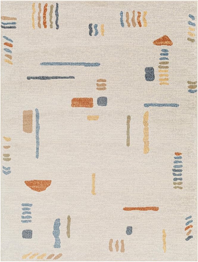 Mark&Day Washable Rugs, 8x10 Elbing Modern Beige Area Rug, Beige Orange Blue Carpet for Living Room, Bedroom or Kitchen (7'10" x 10'2", Machine Washable)
