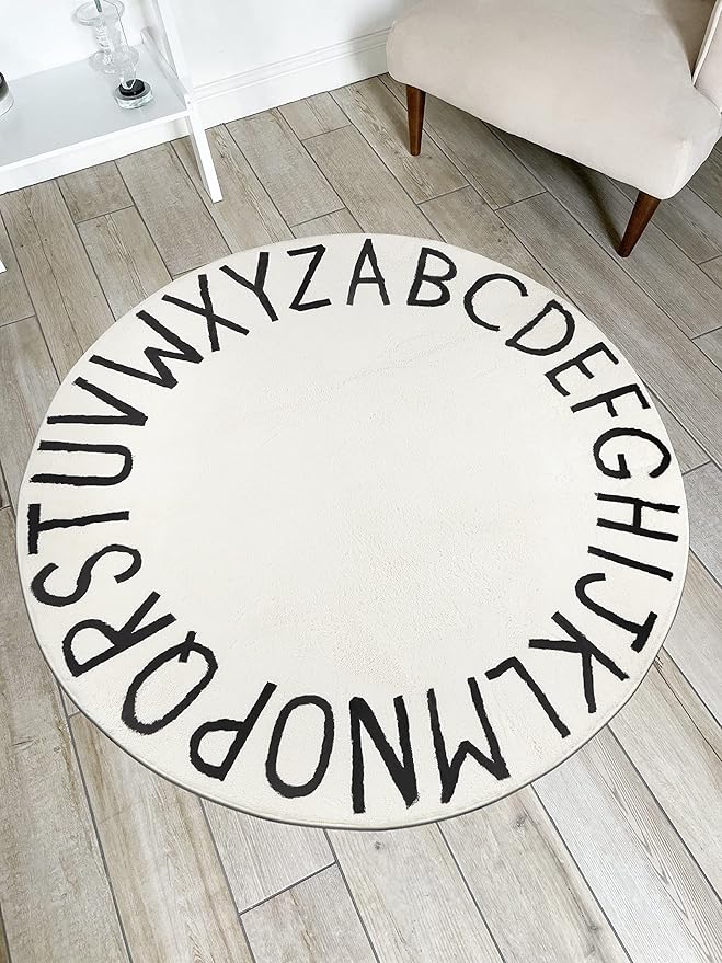 Topotdor Round Kids Play Rug Alphabet Nursery Area Rug Extra Large Soft Crawling Play Mat for Children Toddlers Bedroom (63 inch, White)