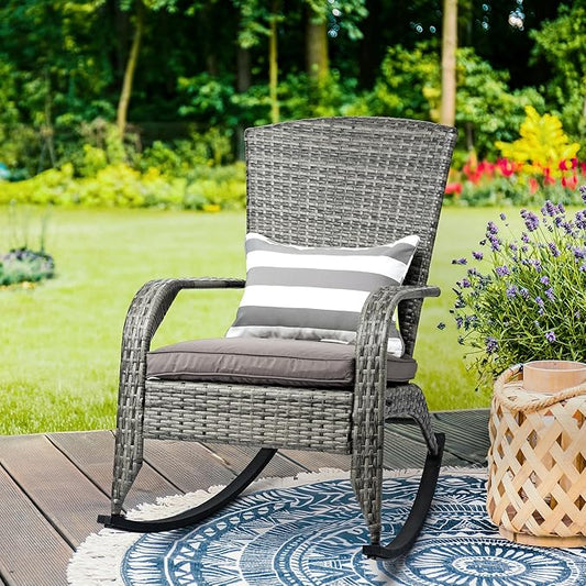 Outdoor Rocking Chair- Outdoor Rattan Rocker Chair with Heavy-Duty Steel Frame- All Weather Rocker Chair for Garden, Porch, Poolside, Backyard (Grey, 320lbs)