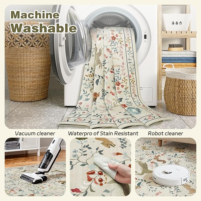 Runner Rug Washable Runners Kitchen Rugs Non Slip Animal Floral Carpet Low Pile for Indoor Hallways Entryway Living Room Bedroom Laundry Soft Mat 2'6''x8' Beige
