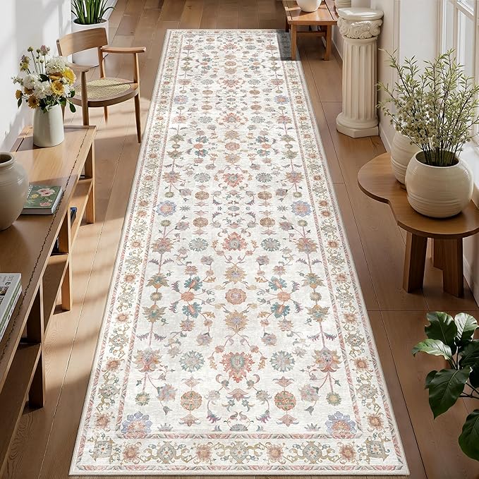 Tangsoo Runner Rug Hallway 2.6x8 Washable Carpet Runner Boho Vintage Floral Distressed Print Non Slip Soft Low-Pile Indoor Rug for Kitchen, Entryway, Bedroom, Laundry, Hallway Runner (Home Decor)