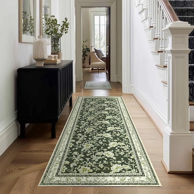 Olive Green Floral Print Area Rugs for Bedroom Living Room Boho Farmhouse Country Rustic Dining Room Carpet Soft Washable Rugs Non Slip Floor Covering for Nursery Playroom 3x8
