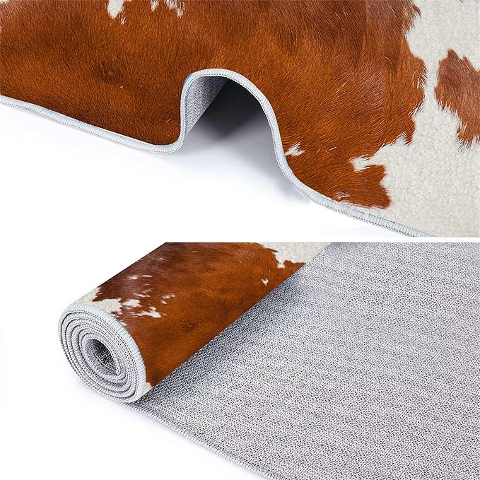 Runner Rug 2x4ft Cowhide Print White Soft Non-Slip Washable Floor Mats Wildlife Rug Hunter Lover Decorations Brown Carpet for Living Room Dining Room Hallway Entrance Rugs