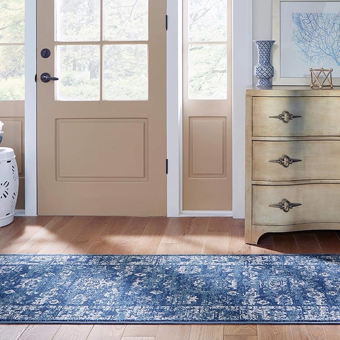Rugs.com Charleston Collection Rug – 10 Ft Runner Navy Blue Low-Pile Rug Perfect for Hallways, Entryways