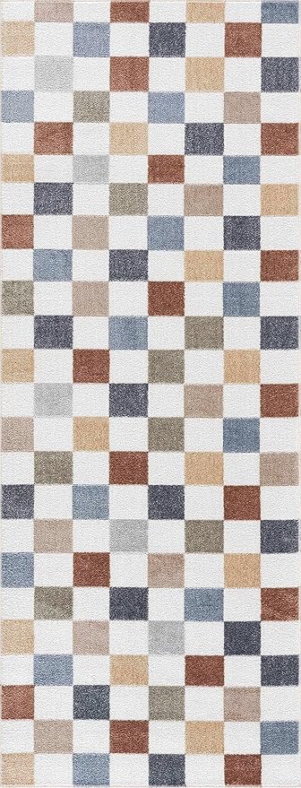 BoutiqueRugs Alia Colorful Modern Checkered Area Rug - Contemporary Geometric Carpet for Hallway, Nursery, Playroom, Girls Boys Room - Machine Washable - White, Blue, Peach, Rust - 9'2" x 12'