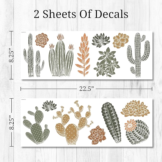 Cactus Wall Decals - Set of 15 Cacti Vinyl Room Decor Peel and Stick Removable Floral Stickers for Nursery Bedroom Bathroom