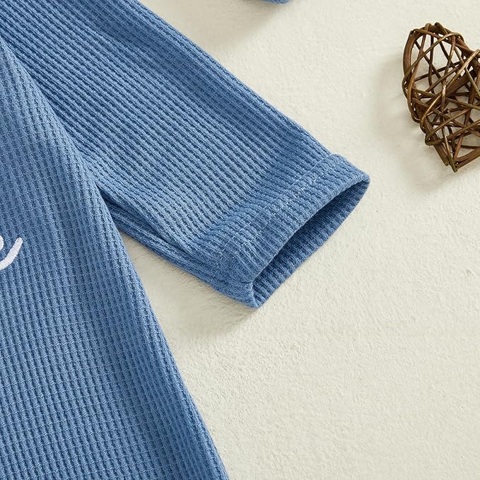 Hello I'm New Here Newborn Outfit Boy Letter Embroidery Waffle Knit Long Sleeve Footed Jumpsuit Coming Home Outfit Hat