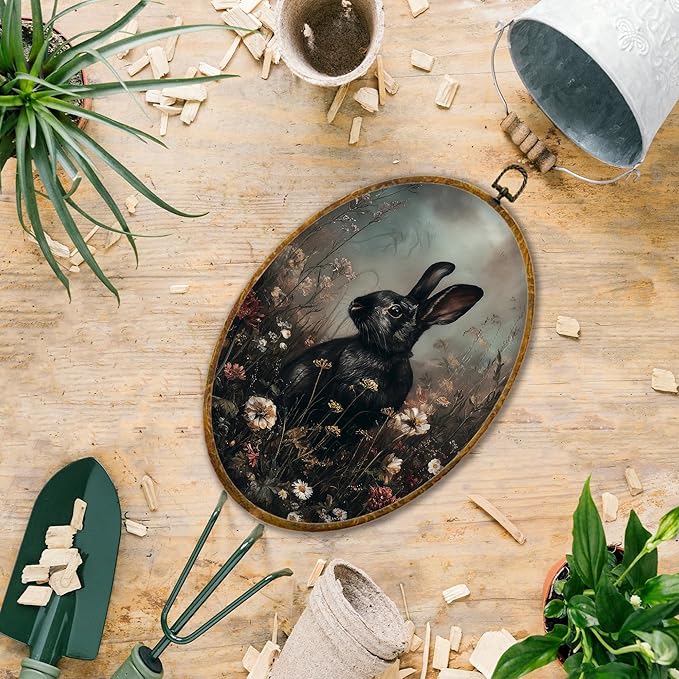 Hiuwevt Vintage Black Bunny Oval Wall Art Decor, Cottagecore Wildflower Bunny Framed Canvas Prints, Moody Rabbit Oval Wall Hanging Decor for Home Bedroom Living Room Decorations, 8.6x11.4 Inches