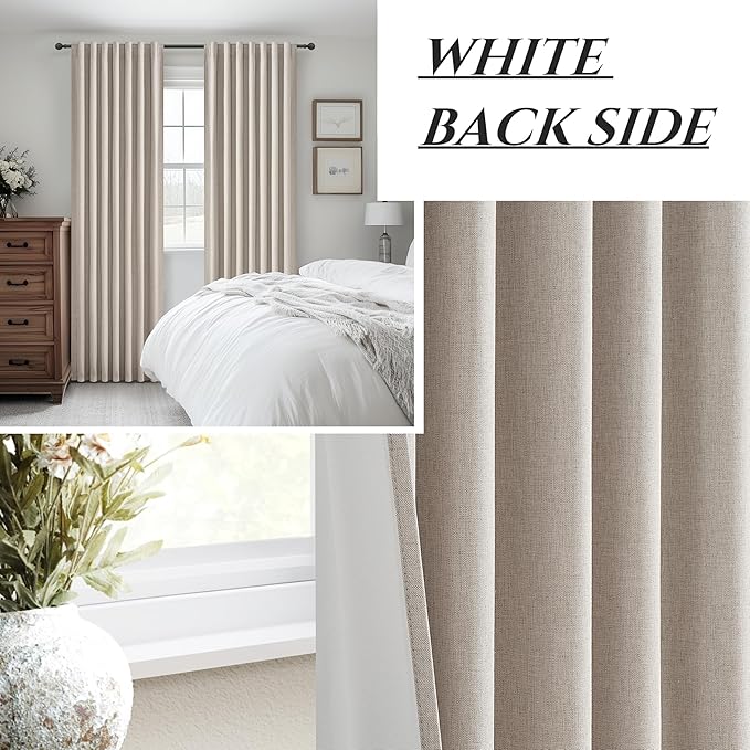 Grey Flax Curtains 86 inch Length 2 Panels Set, Hook Belt&Rod Pocket White Backing Beige Taupe Thermal Living Room/Bedroom/Sliding Door Linen Blackout Curtain Window Boho Summer Drapes (50"Wx86"Lx2 )