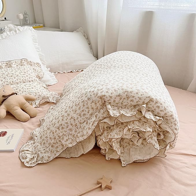 AOJIM Muslin Kids Duvet Cover with Ruffled Design, 1 Piece Pure Cotton Toddler Comforter Cover 2-Layer Gauze 47X59'', Camellia Pattern Kids Bedding for Girls Boys, No Quilt or Pillowcases