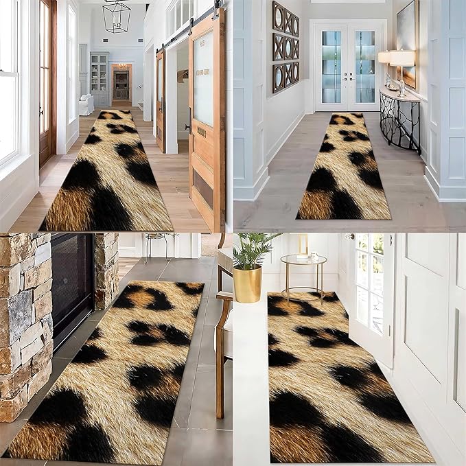 Faux Animal Skin Long Runner Rug 2X4ft Leopard Print Fluffy Soft Washable Hallway Rugs Wildlife Living Room Carpet Brown Carpets Hunting Lover Decor Dining Room Entrance Rugs