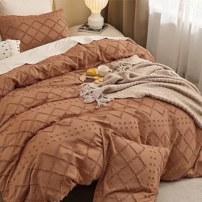 Bedsure Boho Duvet Cover Queen Size,Burnt Orange Breathable & Soft Boho Bedding,Machine Washable Comforter Cover for All Seasons, Includes 1 Duvet Cover 90"x90" with 2 Pillow Shams & Zipper Closure