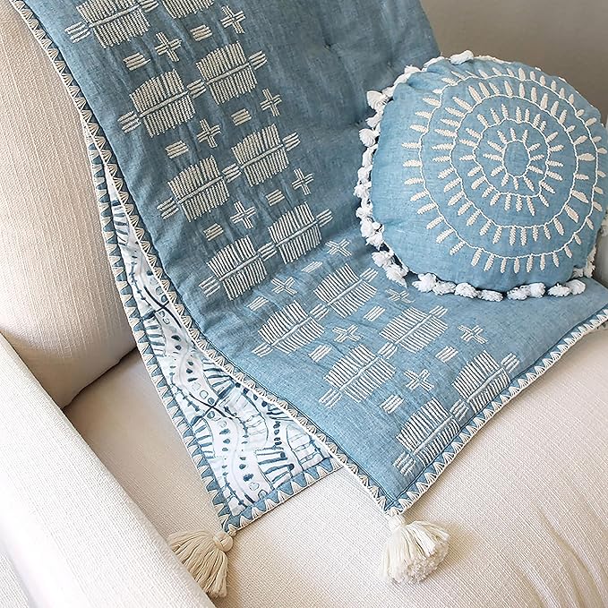 Crane Baby Pillow, Decorative Round Pillow for Nursery and Toddler Rooms, Blue, 12" x 12"