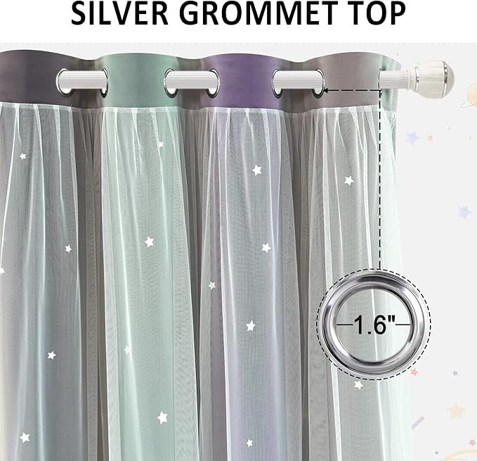 Kinryb Nursery/Kids/Girls Room Star Cut Out Blackout Rainbow Curtain with Sheer Overlay 2 Panels, Each 52 inch Wide,45 inch Length with White Gauze,Ombre Stripe Rainbow Curtains (2 Panels,52x45 Inch)