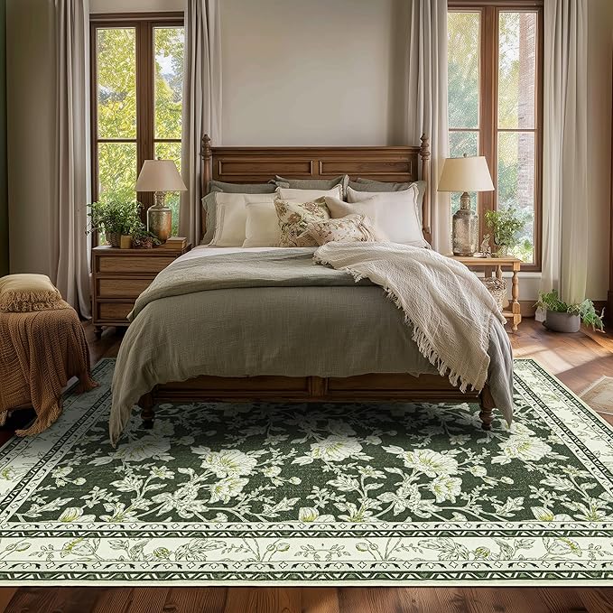 Olive Green Floral Print Area Rugs for Bedroom Living Room Boho Farmhouse Country Rustic Dining Room Carpet Soft Washable Rugs Non Slip Floor Covering for Nursery Playroom 7x9