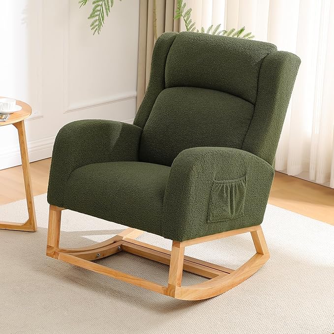 Rocking Chair Nursery, Nursing Rocking Chairs for Mom Nursery, Comfy Teddy Glider Rocking Armchair with Foot Rest for Nursery Living Room Bedroom, Green