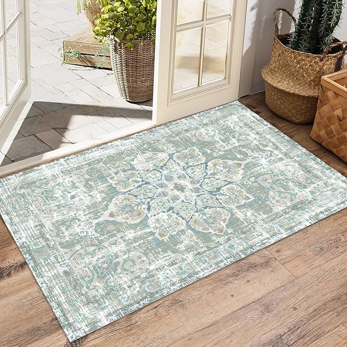 Vhong Washable Area Rugs Boho Vintage Neutral Modern Pale Green 2x3 Non Slip Small Carpet for Hallway Bathroom Entryway