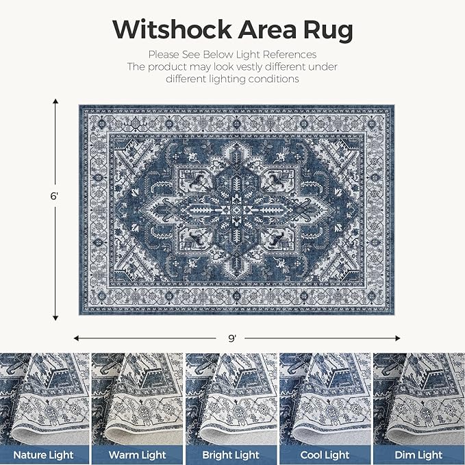 WITSHOCK Living Room Area Rugs 6x9: Washable Rug Boho Soft Non-Slip Low Pile Stain Resistant Foldable Carpet for Bedroom Playroom Dining Room Office Kitchen Farmhouse Home Decor Rug-Blue