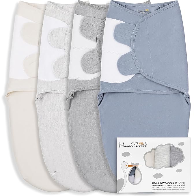 Mama Cheetah Baby Swaddle Sack, Organic Cotton Swaddle Blanket, Adjustable Swaddle Sleep Sacks, Easy Swaddles for Boy Girl 0-3 Month, Baby Essentials, 4-Pack, Melange