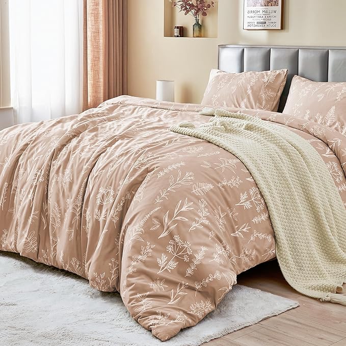MUXHOMO Duvet Cover Queen Size, Reversible Floral Rosy Gold Duvet Cover Set with Zipper Closure, 3 Pieces Botanical Patterns Soft Microfiber Bedding Set with 4 Ties (90"x90", 2 Pillow Cases)
