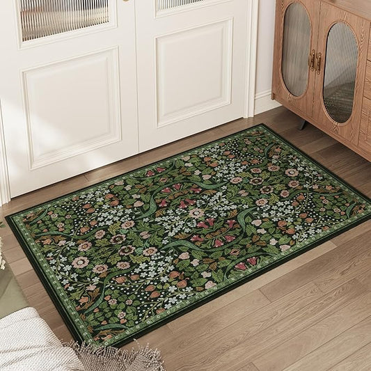 2x3 Floral Washable Area Rug for Kitchen, Non-Slip Soft Vintage Boho Carpet, Botanical Forest Green Small Low Pile Rugs for Bedroom, Entryway, Home Office, Dorm, Dark Green