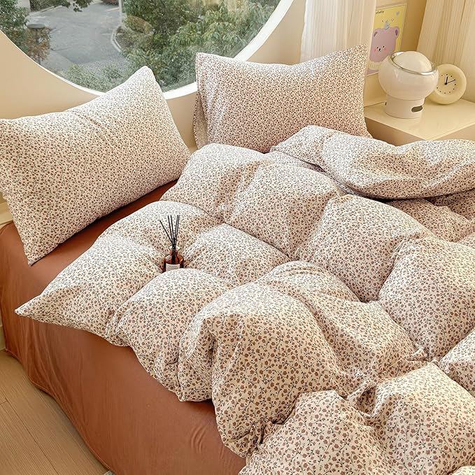 LifeTB Muslin Cotton Duvet Cover Set King Size Vintage Floral Duvet Cover Ultra Soft Breathable Comforter Cover Chic Flower Bedding Set Linen Feel Textured Gauze Comforter Cover with Zipper Closure