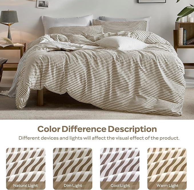 JELLYMONI 100% Natural Cotton 3pcs Striped Duvet Cover Sets,White Duvet Cover with Khaki Stripes Pattern Printed Comforter Cover,with Zipper Closure & Corner Ties(Queen Size)