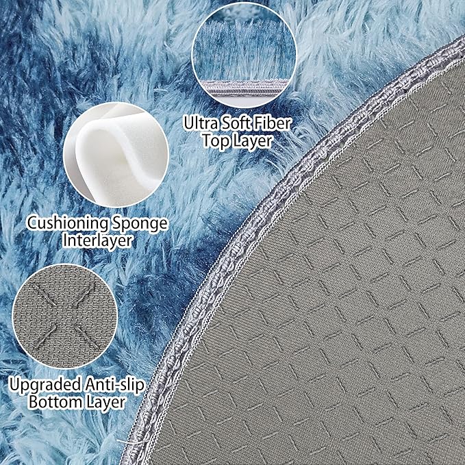 4 ft Round Fluffy Blue White Rug for Bedroom,Tie Dyed Furry Round Carpet Non Slip Fuzzy Shaggy Plush Circle Area Rug Rug for Living Room Room Nursery Room Playroom Kids Room Home Decor Washable