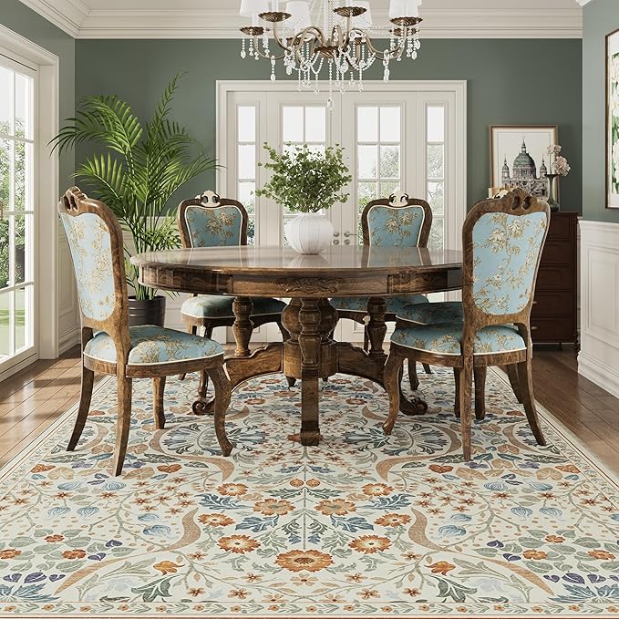 5x7 Floral Washable Area Rug for Living Room, Non-Slip Soft Vintage Boho Carpet, Botanical Forest Beige Low Pile Rugs for Bedroom, Dinning Room, Home Office, Dorm, Nursery, Beige