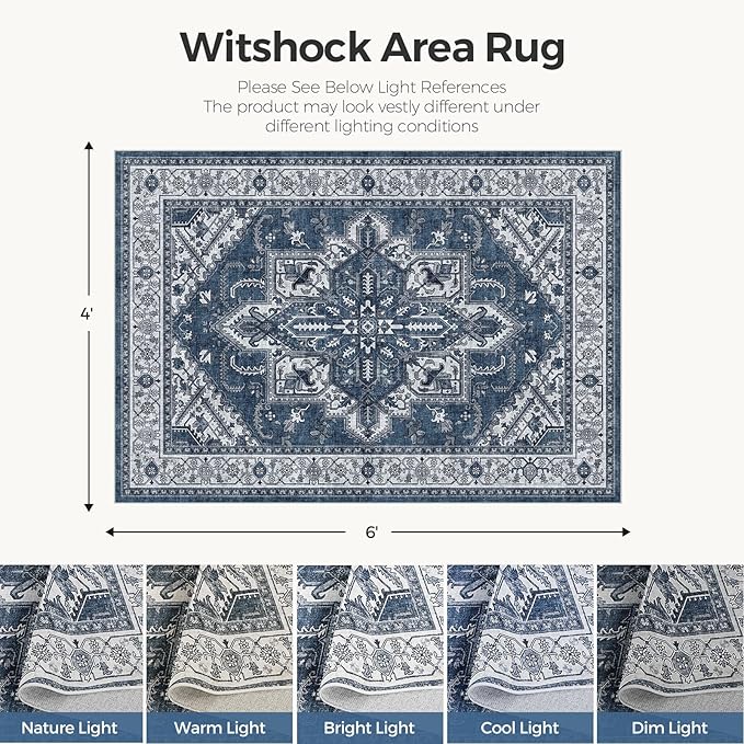 WITSHOCK Living Room Area Rugs 4x6: Washable Rug Boho Soft Non-Slip Low Pile Stain Resistant Foldable Carpet for Bedroom Playroom Dining Room Office Kitchen Farmhouse Home Decor Rug-Blue