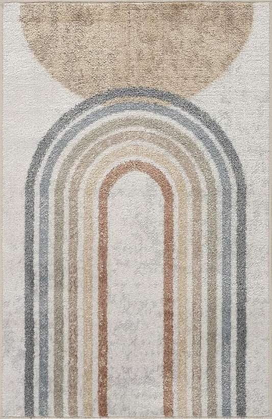 Mark&Day Washable Rugs, 2x3 Eliot Modern Beige Area Rug, Beige Orange Blue Carpet for Living Room, Bedroom or Kitchen (2' x 3', Machine Washable)