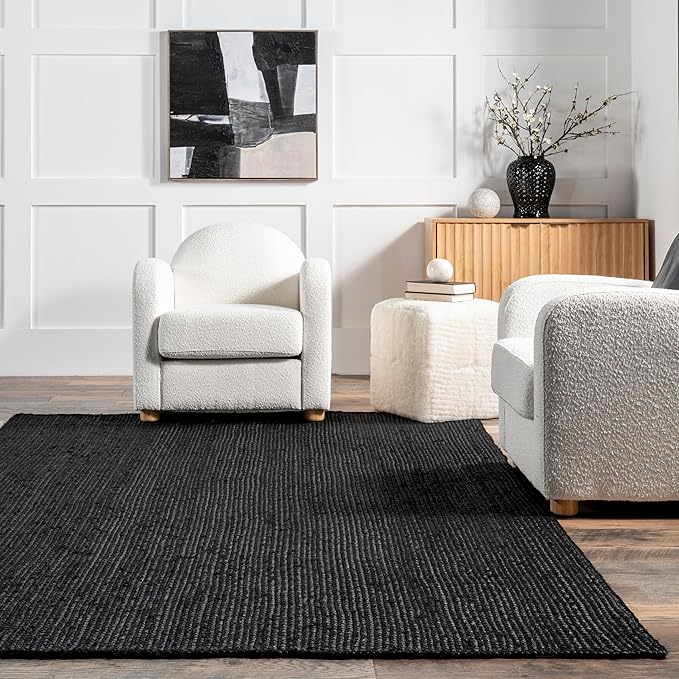 nuLOOM 10x14 Rigo Jute Hand Woven Area Rug, Black, Solid Farmhouse Design, Natural Fiber, For Bedroom, Living Room, Dining Room, Hallway, Office, Kitchen, Entryway
