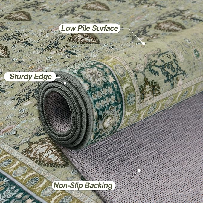 Tangsoo 5x7 Washable Area Rug for Living Room,Non Slip Vintage Boho Green Floral Indoor Rug for Bedroom Office, Soft Low Pile Foldable Floor Rugs for Dining Room Nursery Home Decor