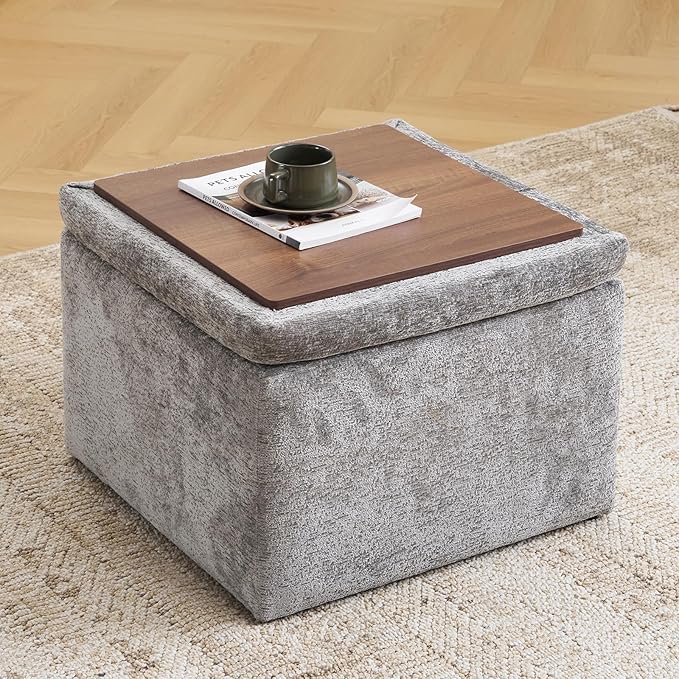 Modern Cube Storage Ottoman, Chenille Ottoman Foot Stools, Ottoman Footstool with Removable Lid, Storage Ottoman for Chair, Multi-Functional Footrest, Dark Grey