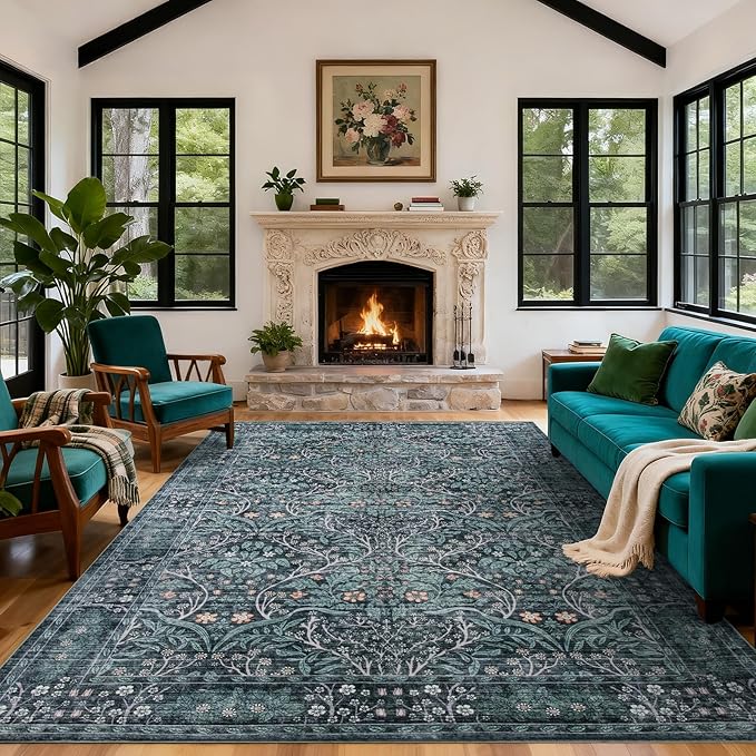 8x10 Retro Green Area Rug,Washable Living Room Floral Large Rug for Dining Room Entryway Farmhouse Nursery Home Office，Low Pile Stain & Slip Resistant Carpet for Bedroom