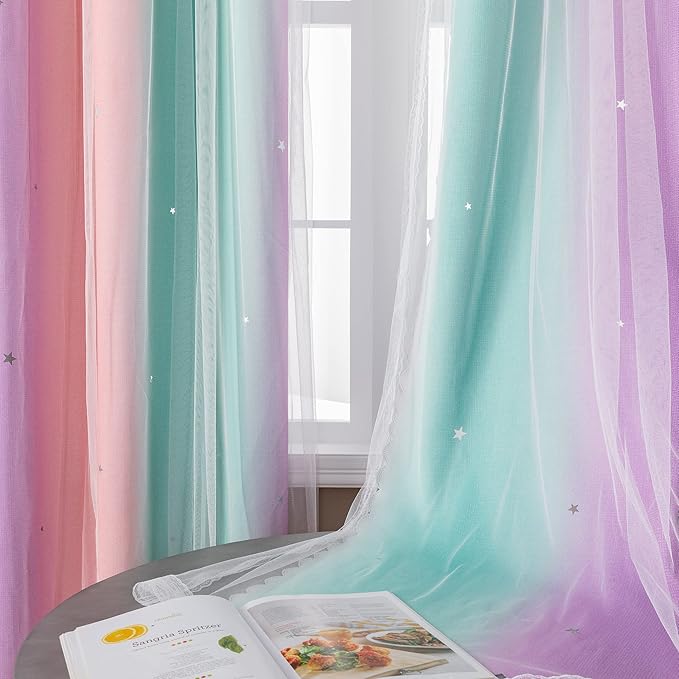 XiDi Curtains for Girls Bedroom 2 Panel Set, Thermal Insulated Window Ombre Panels, Rainbow Pink Drapes for Kids Room Unicorn Wall Decals, Black Out Curtains 63 Inch Long Pink/Purple/Green 52 X 63