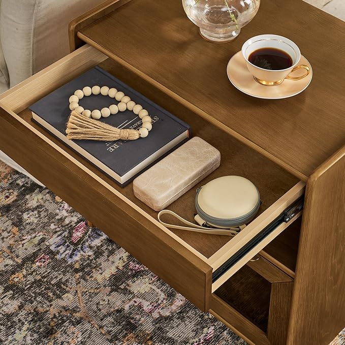 Mid Century Modern Nightstand with Charging Station, Farmhouse End Table with Outlet Hole, 2 Drawers & Open Shelf, Glass Drawer Storage End Table for Bedroom, Living Room, Dorm