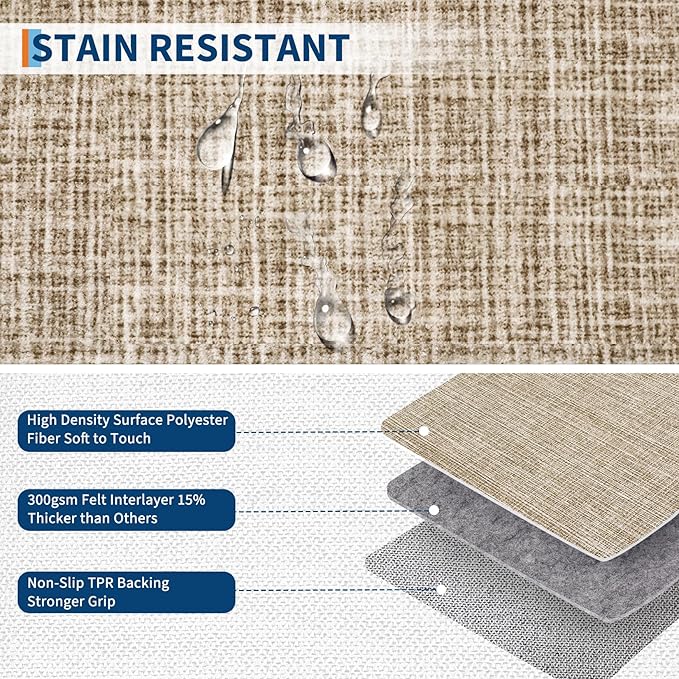 Washable Runner Rug 2x10 Modern Bordered Hallway Runner Rug Non Slip Kitchen Throw Carpet Checkered Bathroom Entryway Runner Rugs Low Pile Solid Area Rugs for Living Room Bedroom Nursery Sink, Taupe