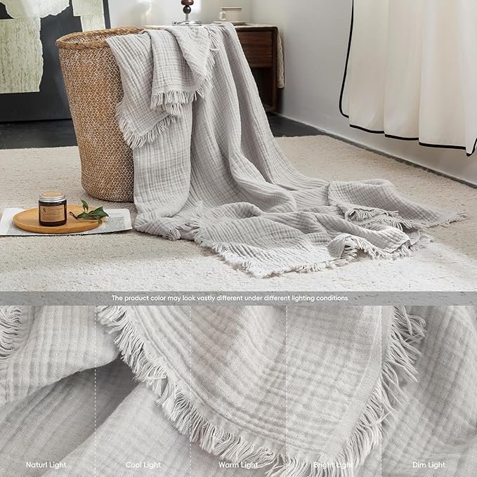 FOSSA Muslin Blanket with Fringe - 4-Layer 100% Cotton Gauze Super Soft & Breathable Throw -Lightweight Decorative Cooling Blanket for Bed, Sofa, Office (Grayish, King (104" × 90"))
