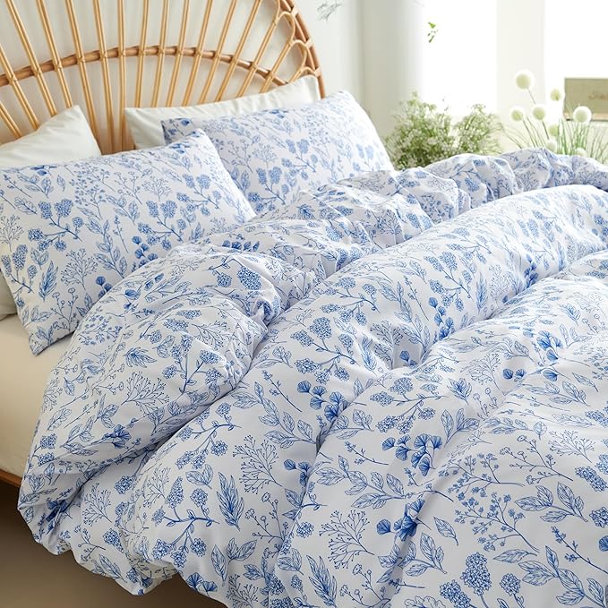 Floral Duvet Cover Full Size White Blue Flower Bedding Set 3Pcs Spring Cottagecore Garden Botanical Reversible Comforter Cover with Zipper Closure and 2 Pillowcases