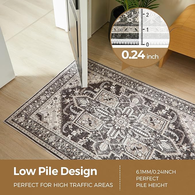 WITSHOCK Black Wshable Runner 3x12: Long Runner Rug Boho Soft Low Pile Stain Resistant Foldable Carpet for Bedroom Hallway Entryway Kitchen Indoor Entrance, Vintage Distressed Farmhouse Home Decor